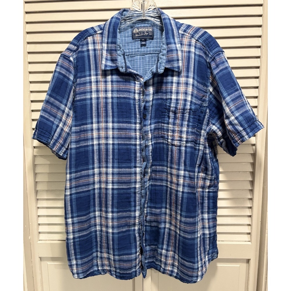 American Rag Teen Blue Plaid Flannel Shirt Button Up Short Sleeve Size XXL Lined